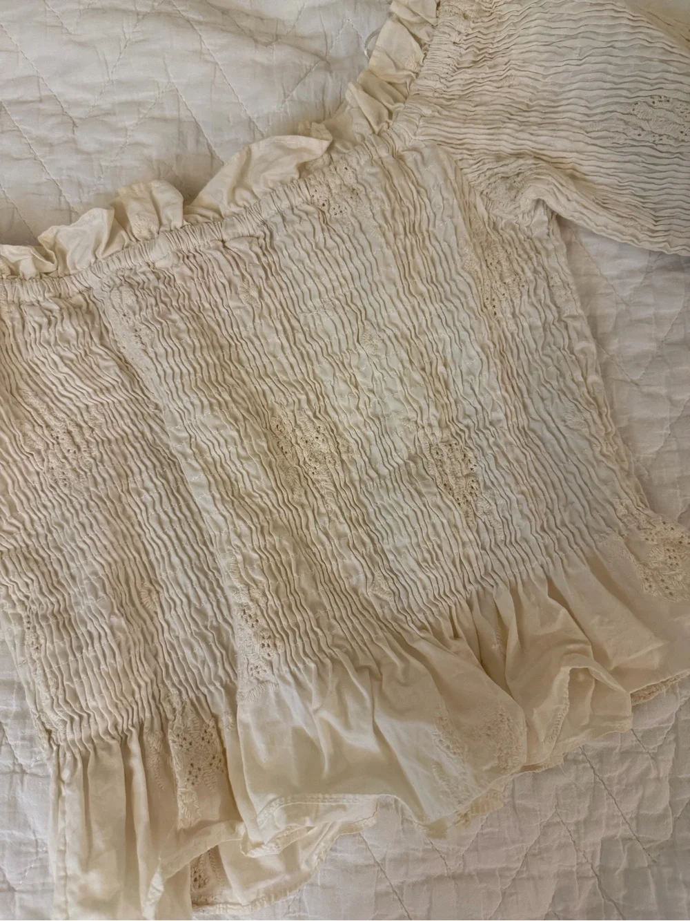 Zara Cream Smocked Ruffle Long-Sleeve Top